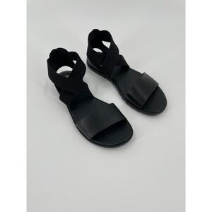 Sorel Ella II Ankle Strap Sandals Black Leather Stretch Chevron Size 7.5
